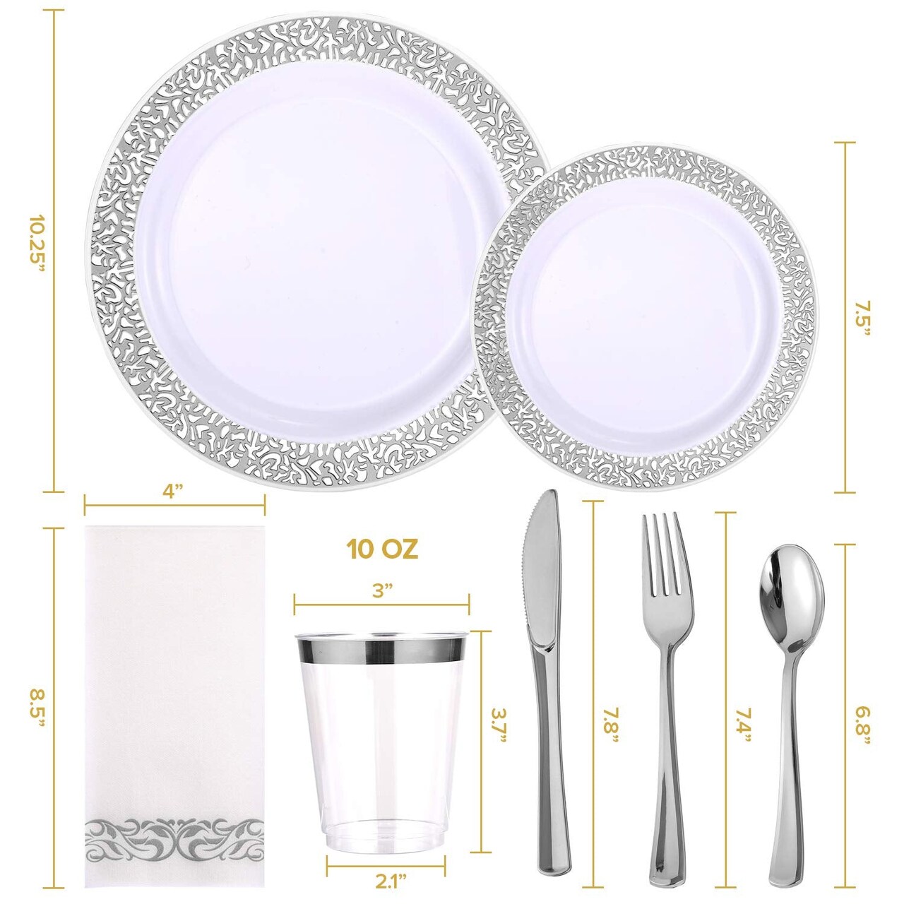 175 Pieces Silver Dinnerware Set 25 Guest-50 Silver Lace Plastic Plates-25 Silver Plastic Silverware-25 Silver Plastic Cups-25 Silver Paper Napkins, FOCUSLINE Disposable Dinnerware Set